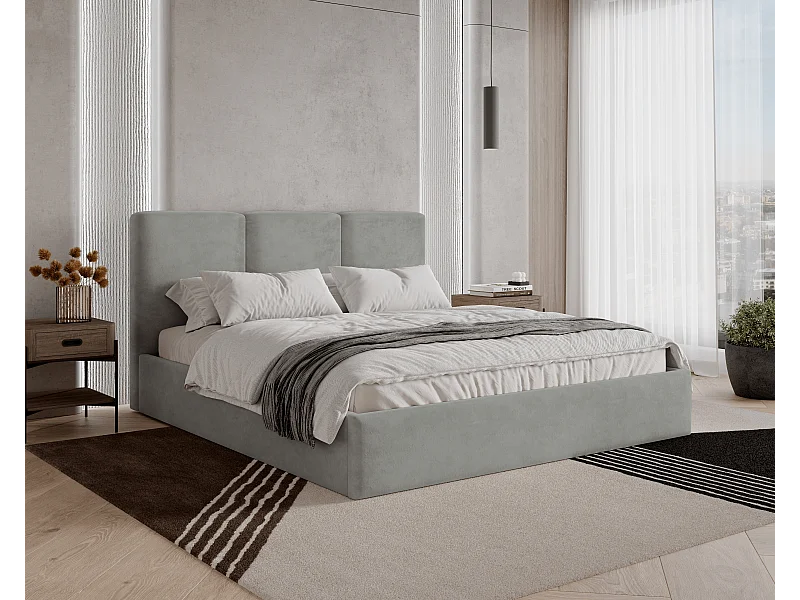 BESILIO Lit tapissé avec coffre de rangement 200x200 Mira – lit fin et minimaliste avec cadre en métal – Gris