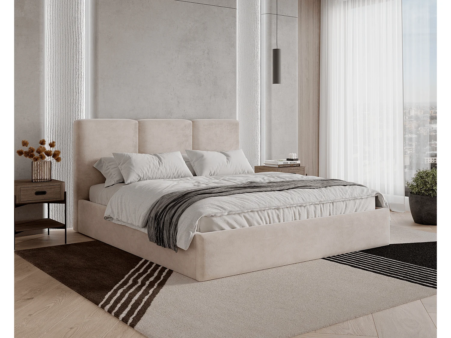 BESILIO Lit tapissé avec coffre de rangement 200x200 Mira – lit fin et minimaliste avec cadre en métal – Beige