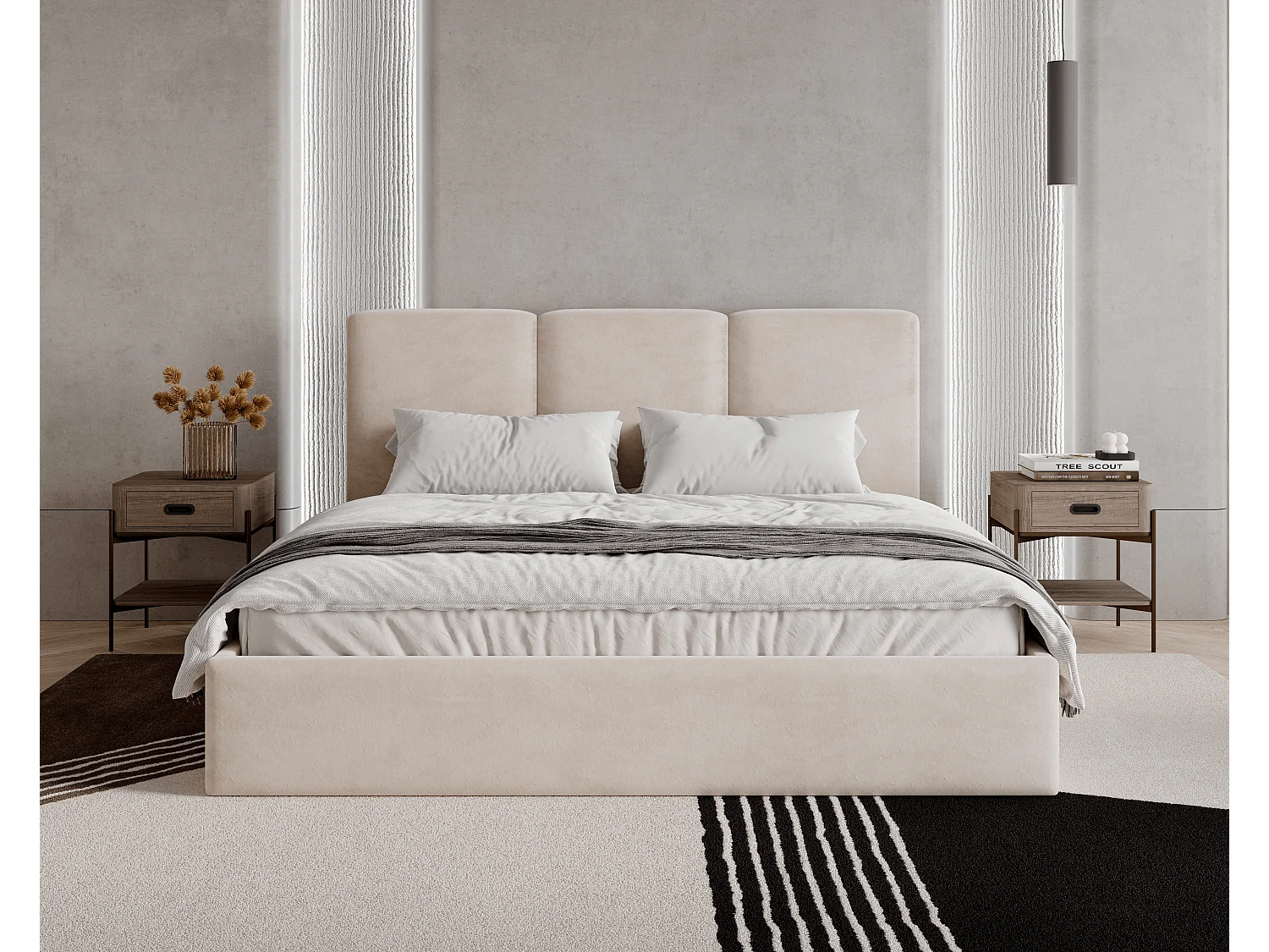 BESILIO Lit tapissé avec coffre de rangement 200x200 Mira – lit fin et minimaliste avec cadre en métal – Beige