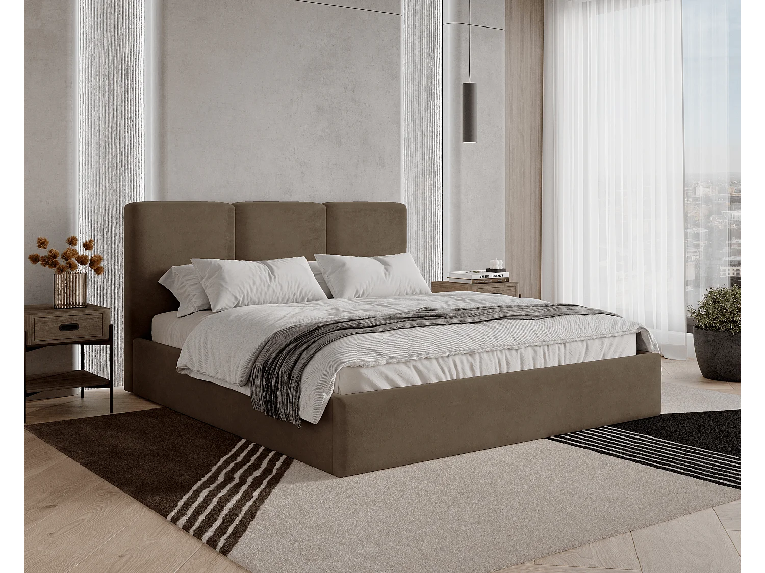 BESILIO Lit tapissé avec coffre de rangement 180x200 Mira – lit fin et minimaliste avec cadre en métal – Marron