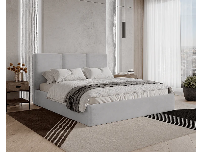BESILIO Lit tapissé avec coffre de rangement 160x200 Mira – lit fin et minimaliste avec cadre en métal – Gris clair