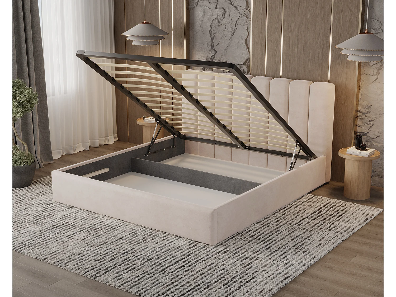 BESILIO Lit tapissé avec coffre de rangement 200x200 Nuvia – lit fin avec tête de lit moelleuse et cadre en métal – Marron