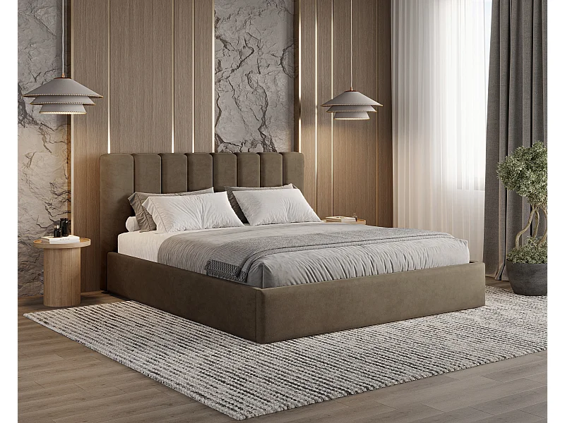 BESILIO Gestoffeerd bed met opbergruimte 200x200 Nuvia – slank bed met zacht hoofdbord en metalen frame – Bruin