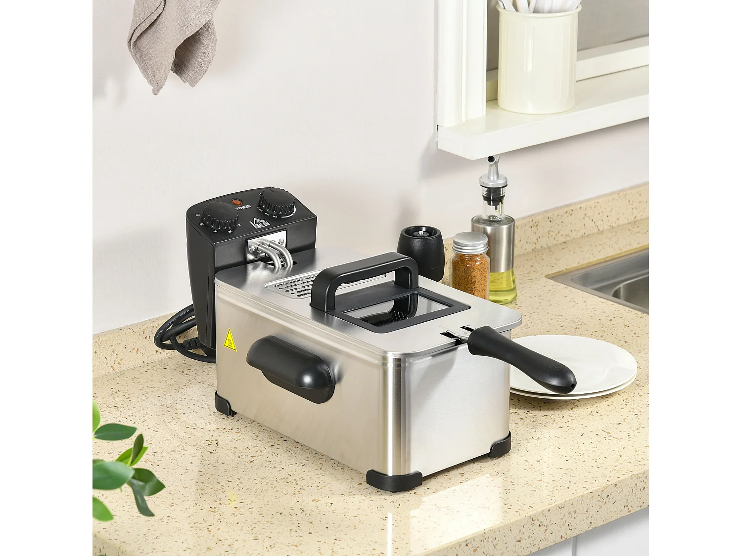 Friteuse à huile 3L 2000W - température réglable, timer 60 min, entretien facile - acier inox noir