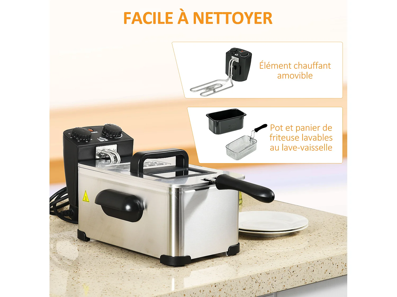 Friteuse à huile 3L 2000W - température réglable, timer 60 min, entretien facile - acier inox noir