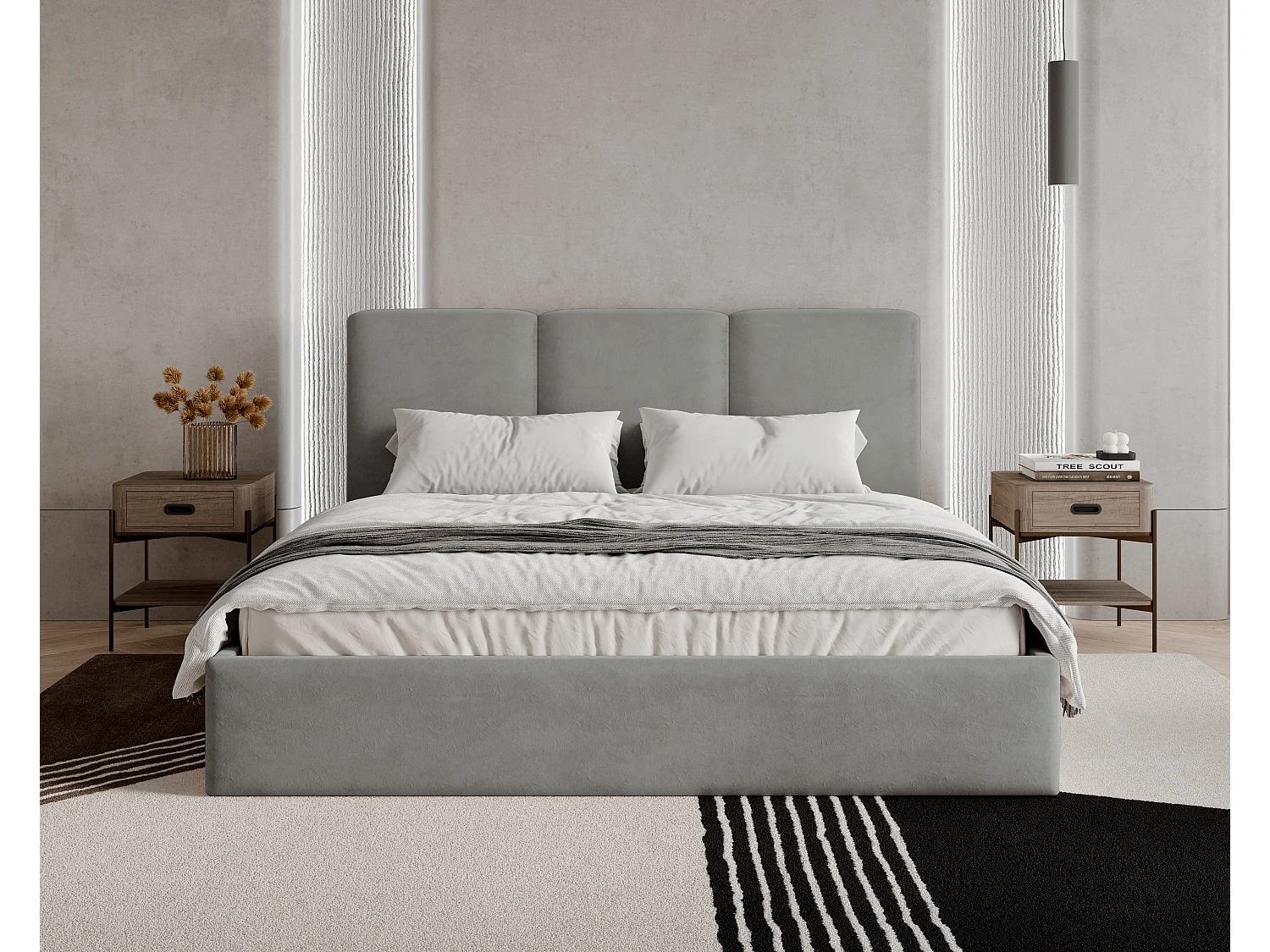 BESILIO Lit tapissé avec coffre de rangement 120x200 Mira – lit fin et minimaliste avec cadre en métal – Gris