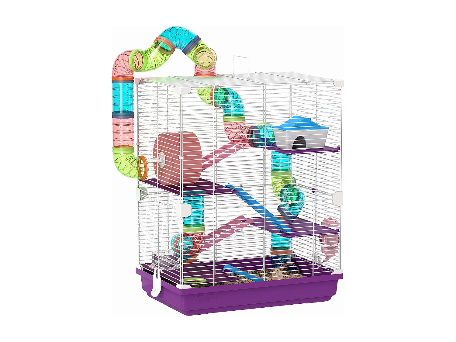 Cage pour hamster souris rongeur 4 étages avec tunnels mangeoire roue maison échelles dim. 46L x 30l x 58H cm violet