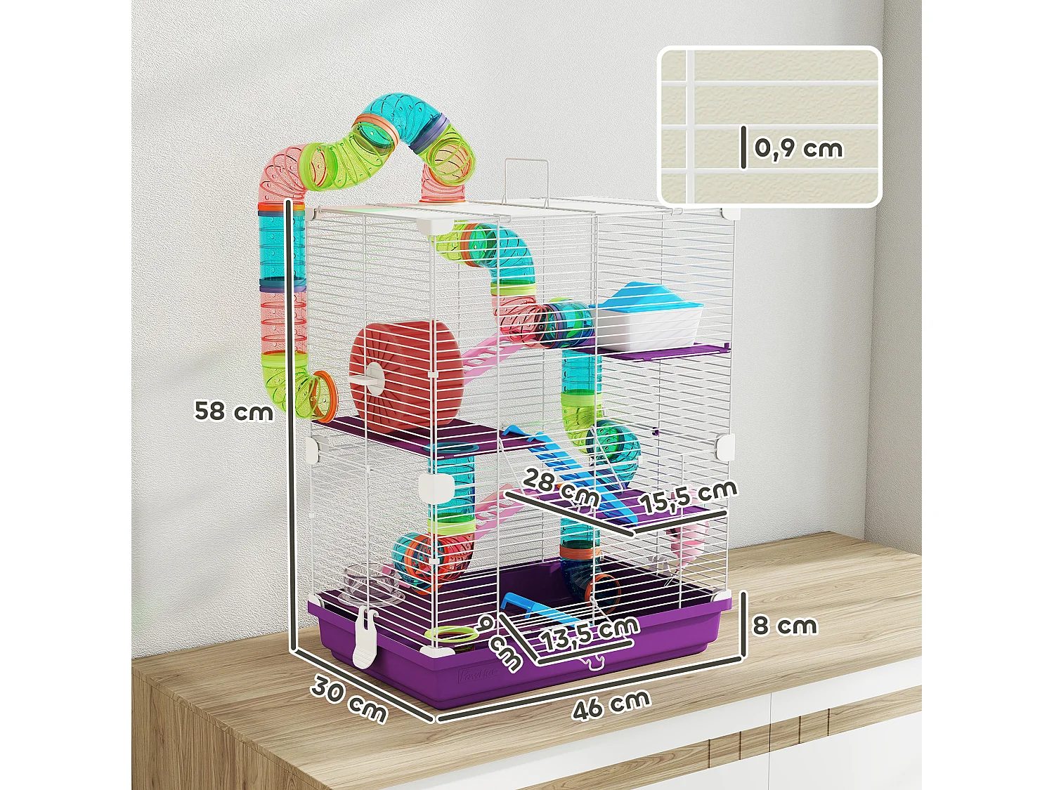 Cage pour hamster souris rongeur 4 étages avec tunnels mangeoire roue maison échelles dim. 46L x 30l x 58H cm violet