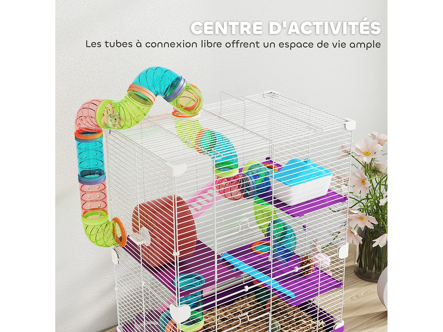 Cage pour hamster souris rongeur 4 étages avec tunnels mangeoire roue maison échelles dim. 46L x 30l x 58H cm violet