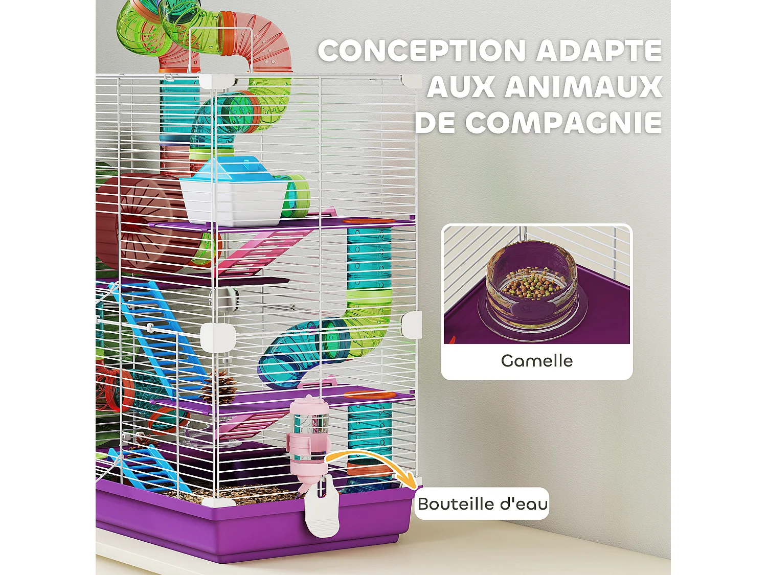 Cage pour hamster souris rongeur 4 étages avec tunnels mangeoire roue maison échelles dim. 46L x 30l x 58H cm violet