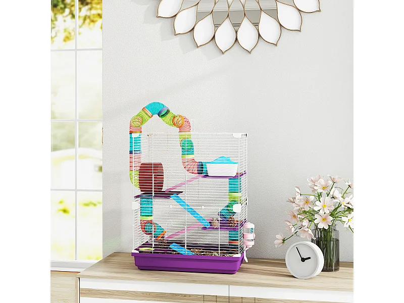 Cage pour hamster souris rongeur 4 étages avec tunnels mangeoire roue maison échelles dim. 46L x 30l x 58H cm violet