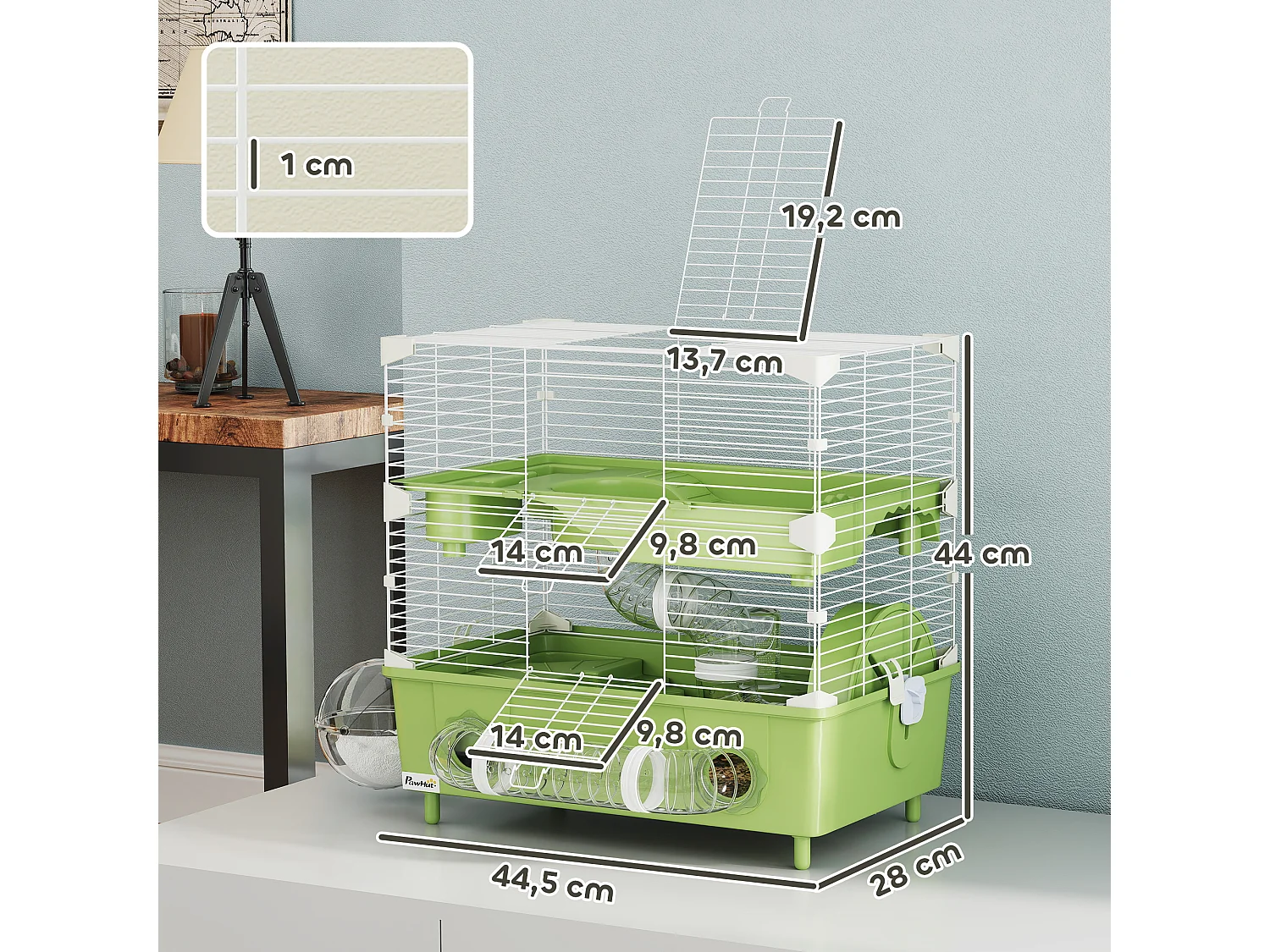 Cage pour hamster 2 niveaux roue sphère bac à sable tuyaux biberon eau dim. 44,5 x 28 x 44 cm blanc vert