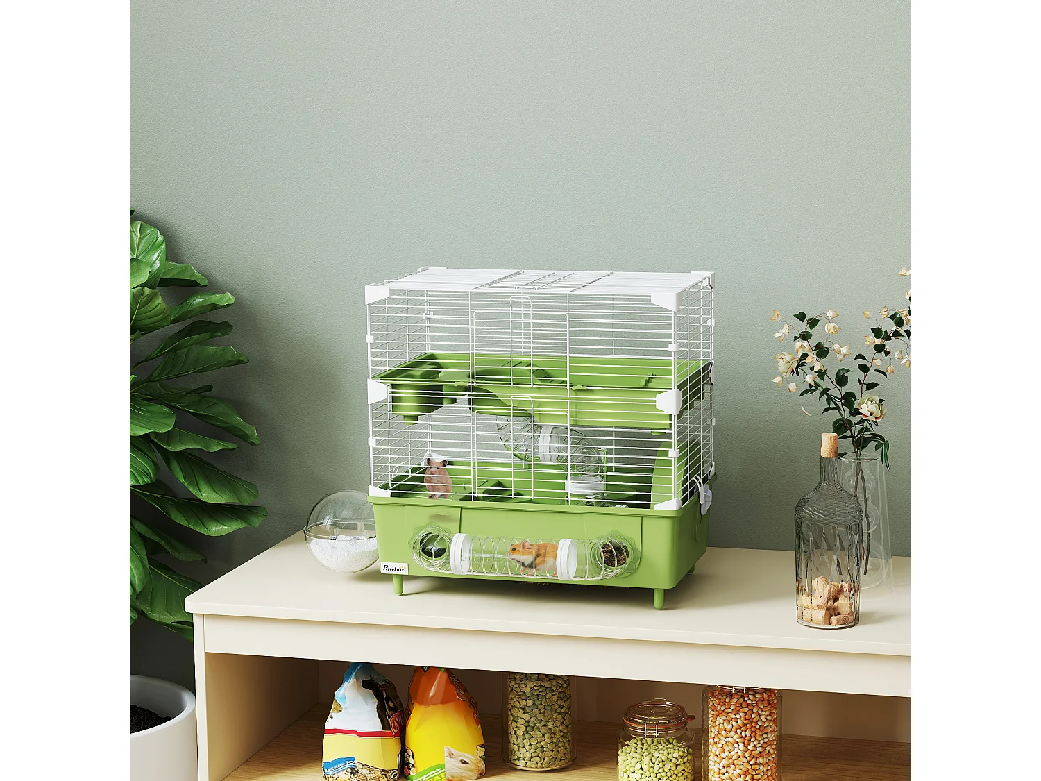 Cage pour hamster 2 niveaux roue sphère bac à sable tuyaux biberon eau dim. 44,5 x 28 x 44 cm blanc vert