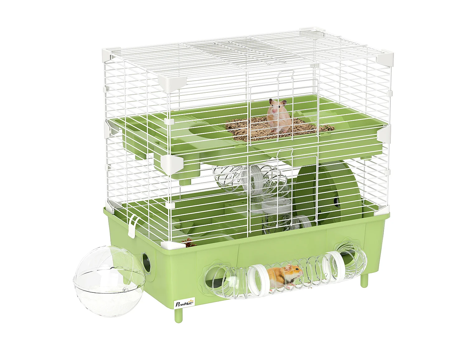 Cage pour hamster 2 niveaux roue sphère bac à sable tuyaux biberon eau dim. 44,5 x 28 x 44 cm blanc vert