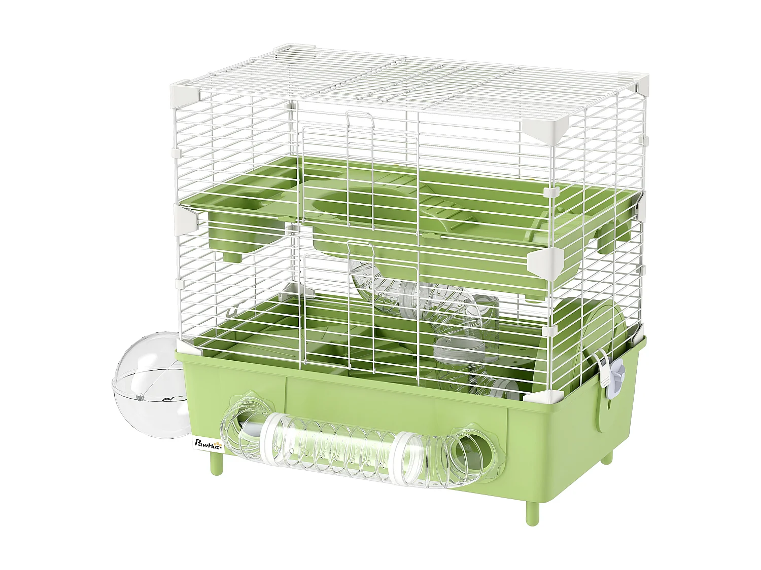 Cage pour hamster 2 niveaux roue sphère bac à sable tuyaux biberon eau dim. 44,5 x 28 x 44 cm blanc vert