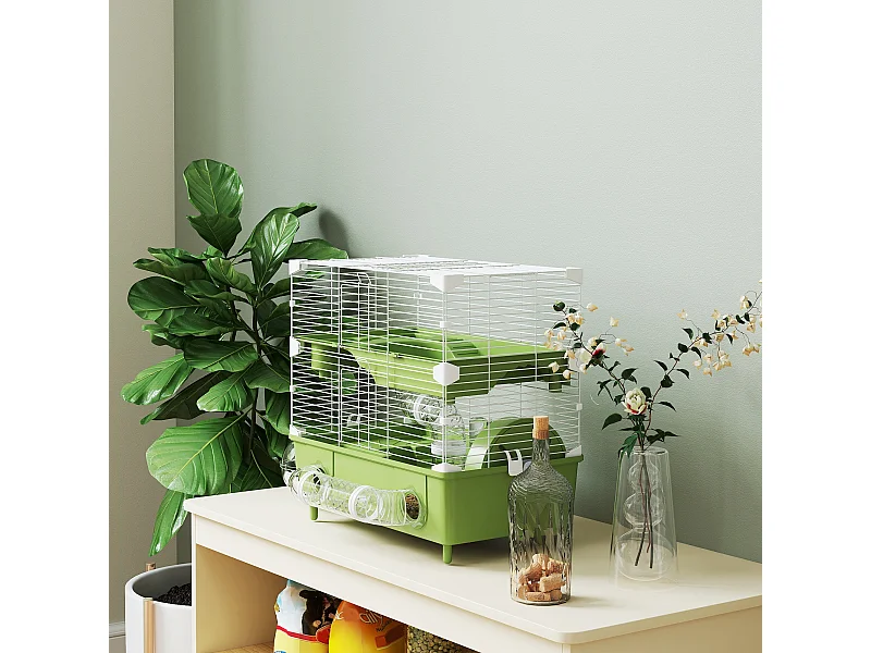 Cage pour hamster 2 niveaux roue sphère bac à sable tuyaux biberon eau dim. 44,5 x 28 x 44 cm blanc vert