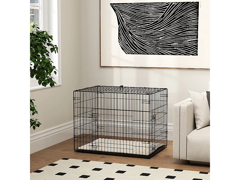 Cage chien pliable - 2 portes verrouillables, plateau amovible, coussin - 76 x 53 x 60 cm - beige noir
