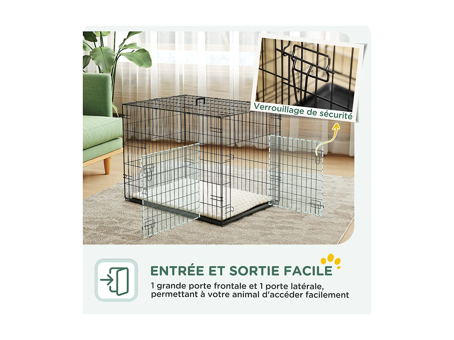 Cage chien pliable - 2 portes verrouillables, plateau amovible, coussin - 76 x 53 x 60 cm - beige noir