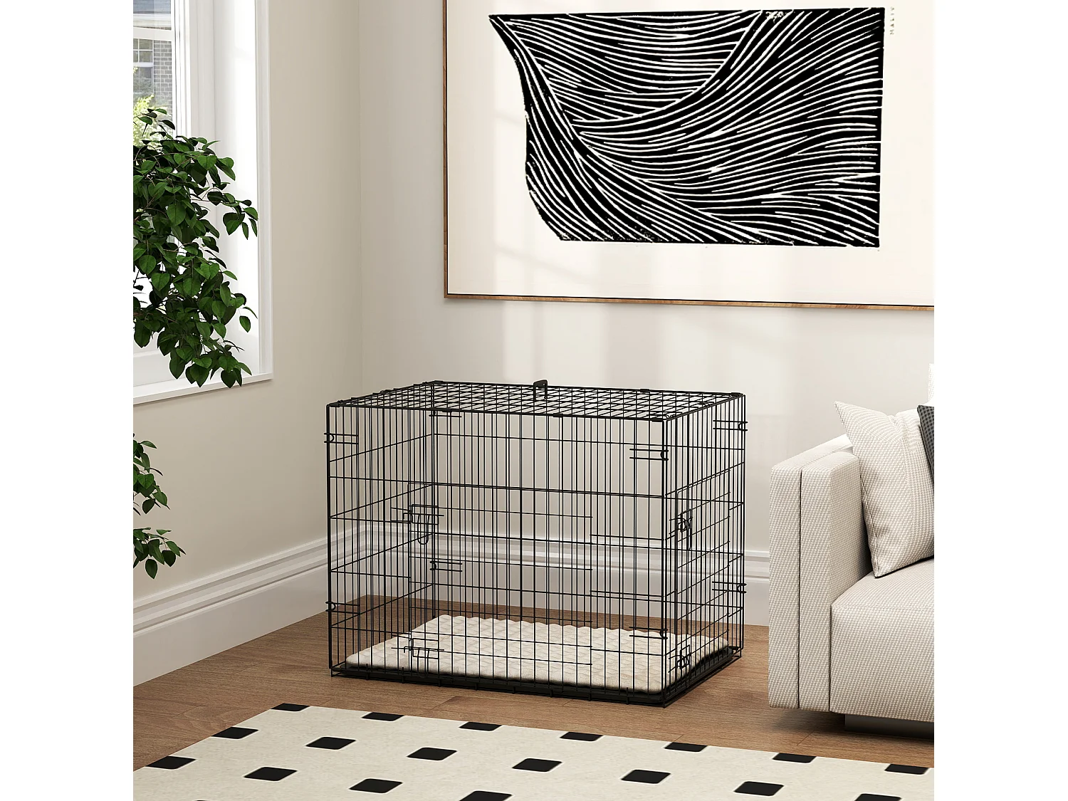 Cage chien pliable - 2 portes verrouillables, plateau amovible, coussin - 76 x 53 x 60 cm - beige noir
