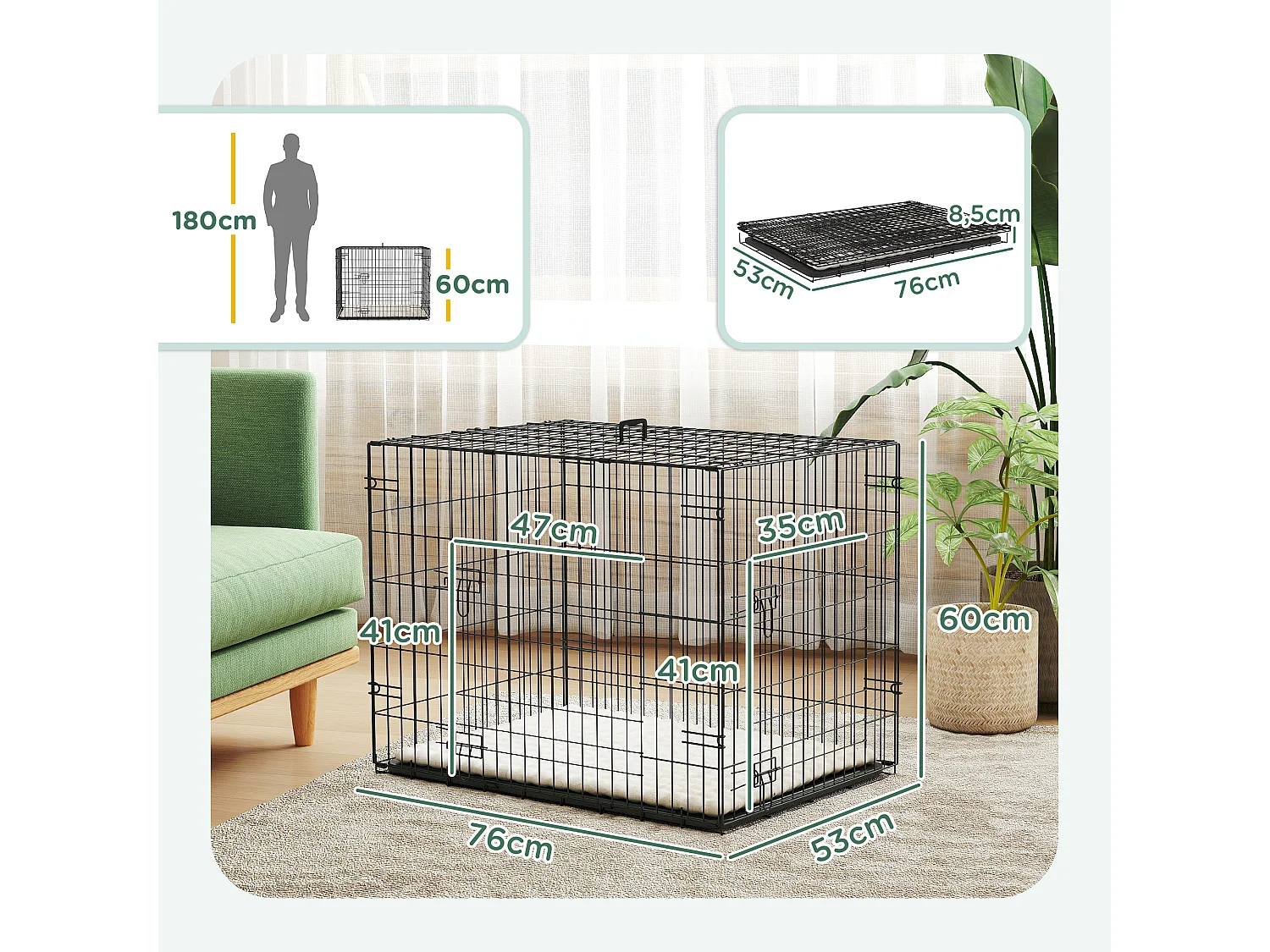 Cage chien pliable - 2 portes verrouillables, plateau amovible, coussin - 76 x 53 x 60 cm - beige noir
