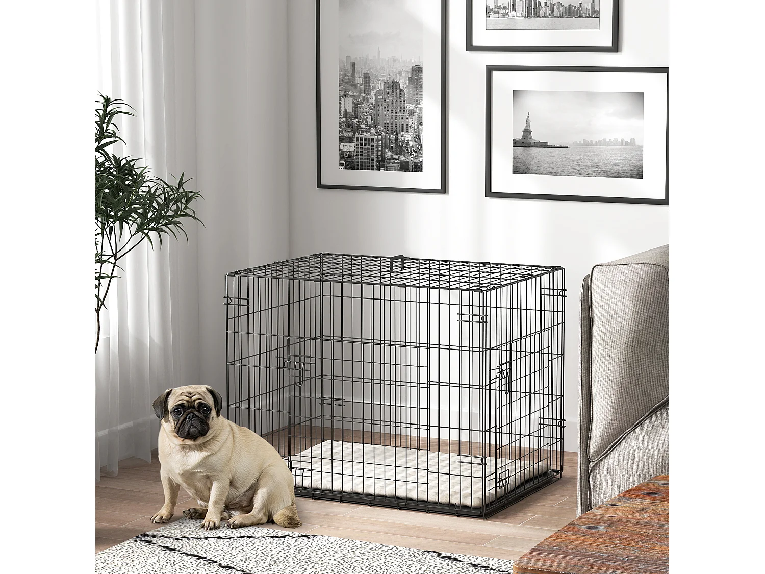 Cage chien pliable - 2 portes verrouillables, plateau amovible, coussin - 76 x 53 x 60 cm - beige noir