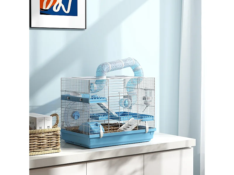 Cage pour hamster portable 2 portes 2 étages nombreux accessoires et tubes blanc bleu