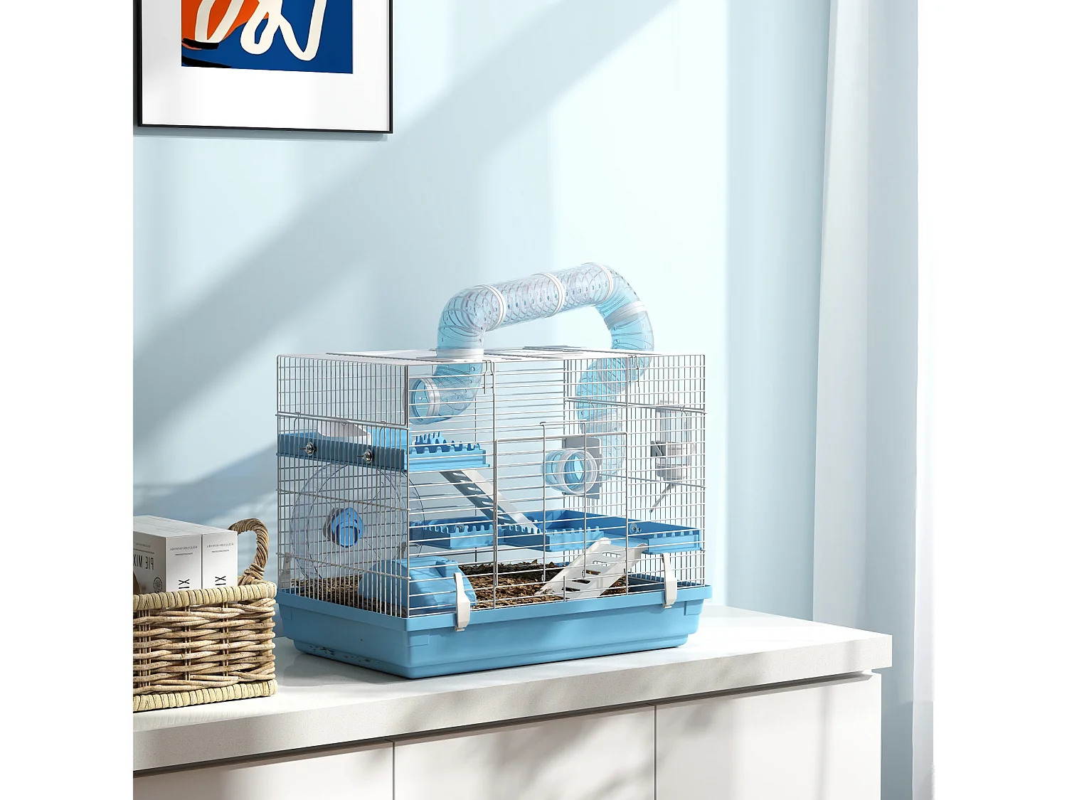 Cage pour hamster portable 2 portes 2 étages nombreux accessoires et tubes blanc bleu
