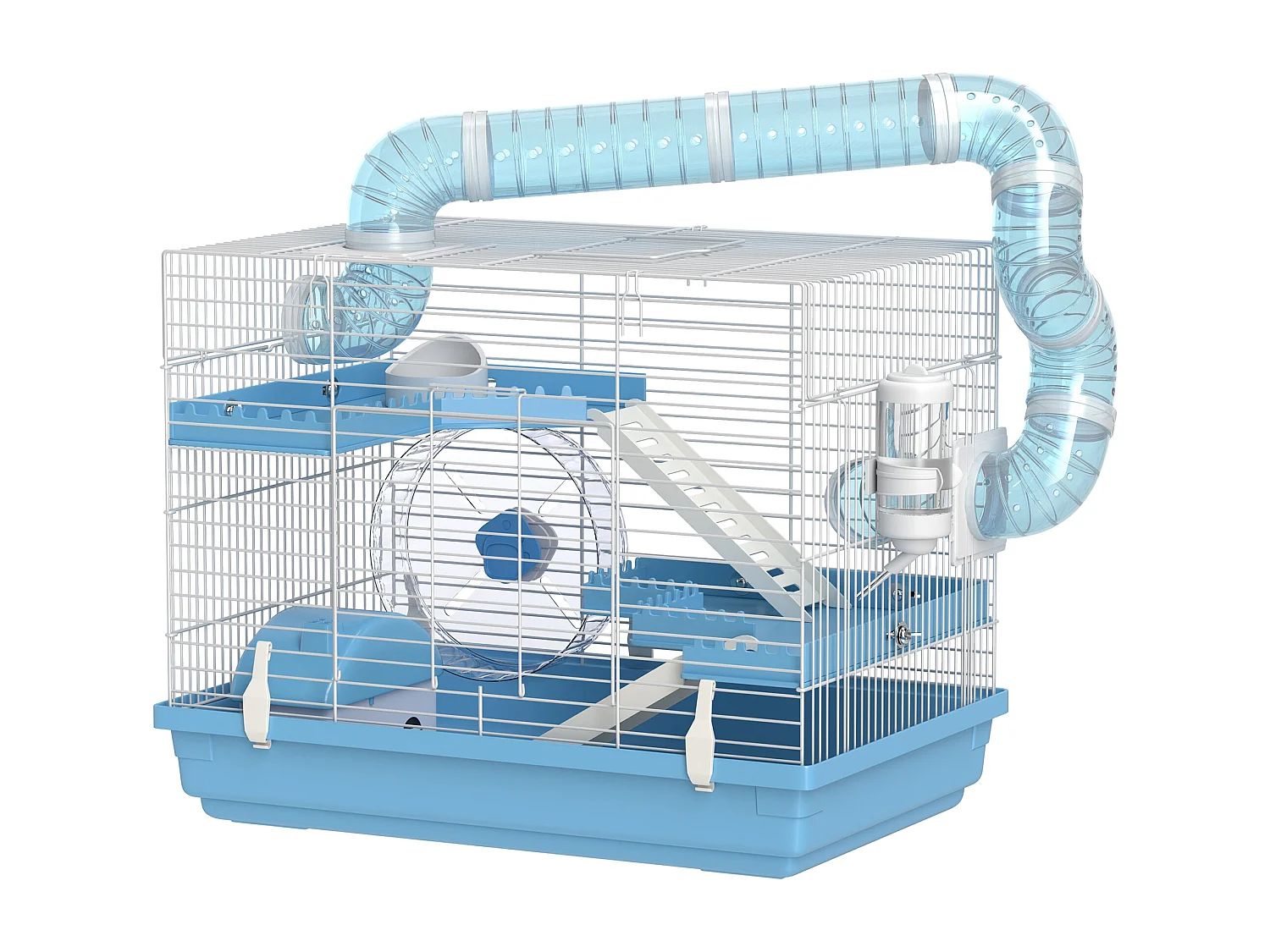 Cage pour hamster portable 2 portes 2 étages nombreux accessoires et tubes blanc bleu