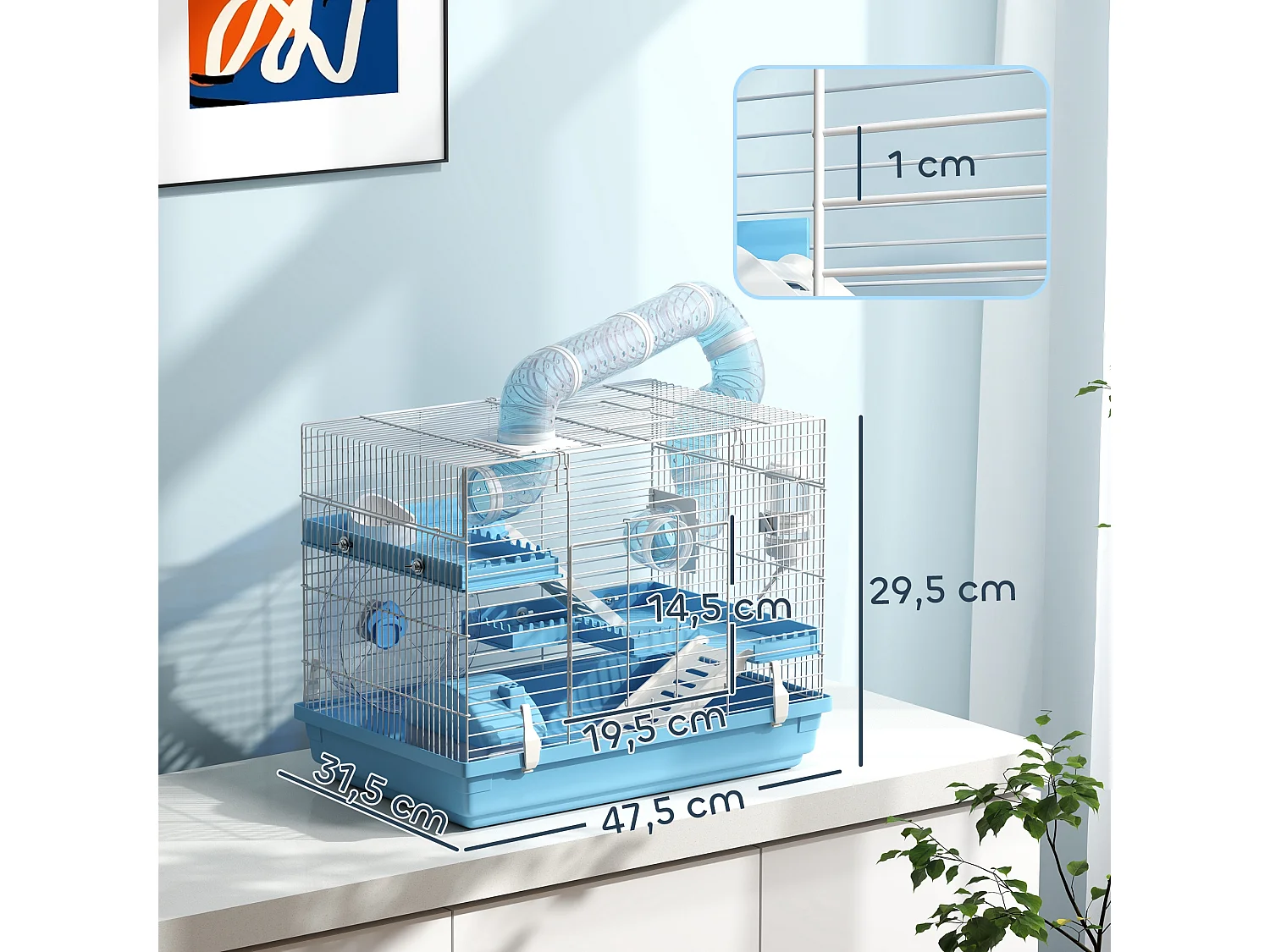 Cage pour hamster portable 2 portes 2 étages nombreux accessoires et tubes blanc bleu