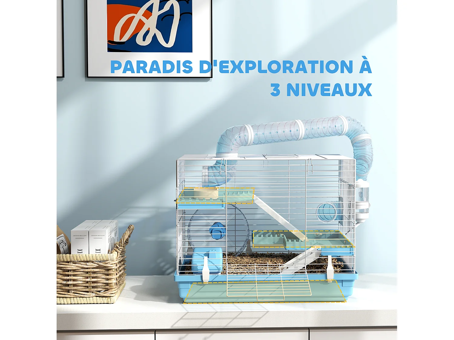 Cage pour hamster portable 2 portes 2 étages nombreux accessoires et tubes blanc bleu