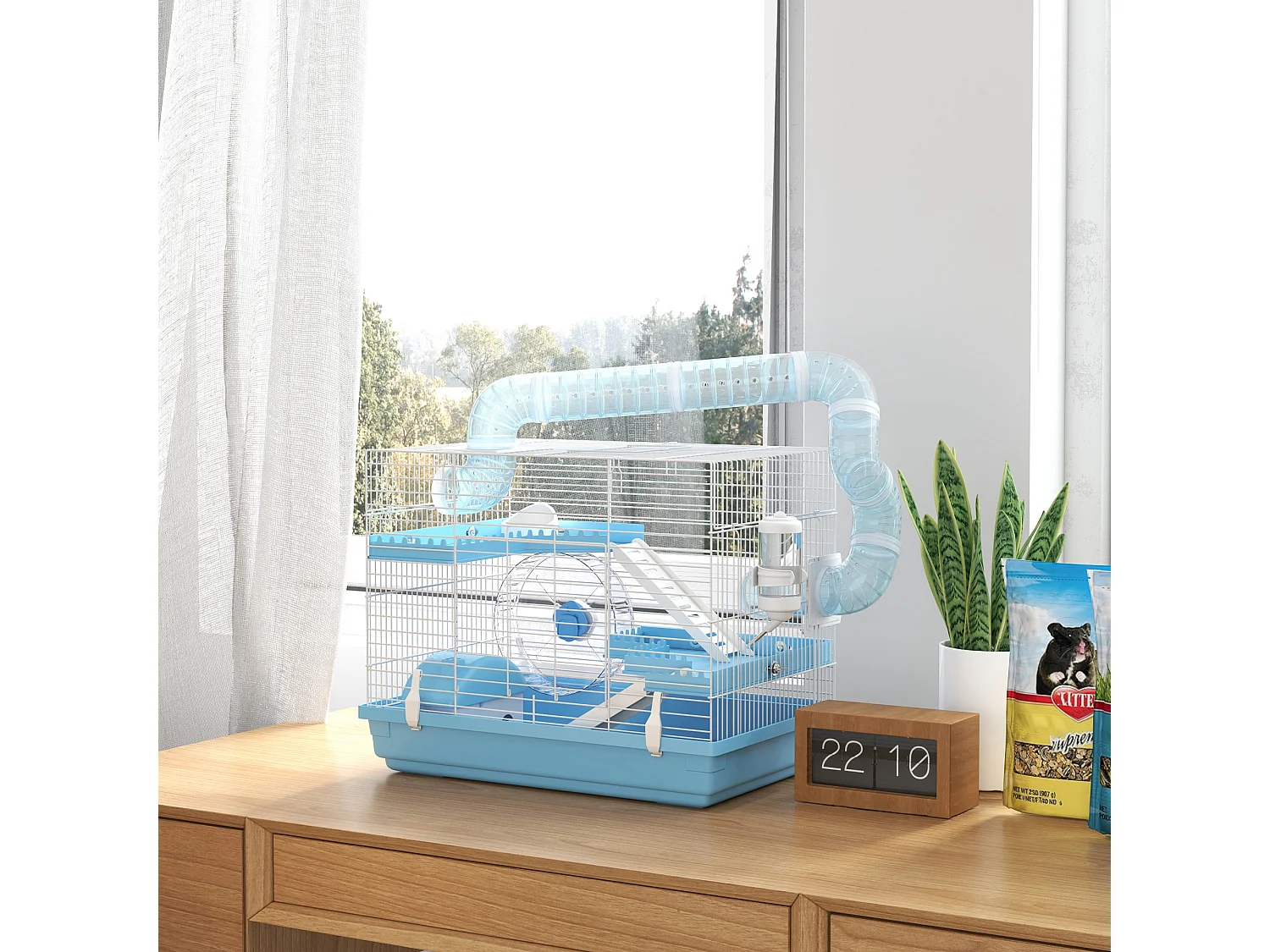 Cage pour hamster portable 2 portes 2 étages nombreux accessoires et tubes blanc bleu
