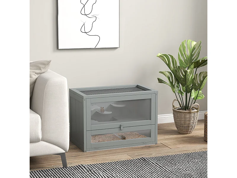 Cage pour hamsters souris petits rongeurs multi-équipements rampe plateformes toit ouvrant grillagé porte bois de sapin plexiglas gris