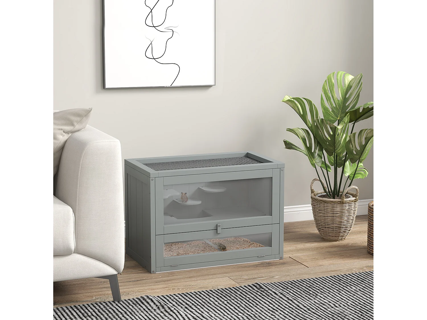 Cage pour hamsters souris petits rongeurs multi-équipements rampe plateformes toit ouvrant grillagé porte bois de sapin plexiglas gris