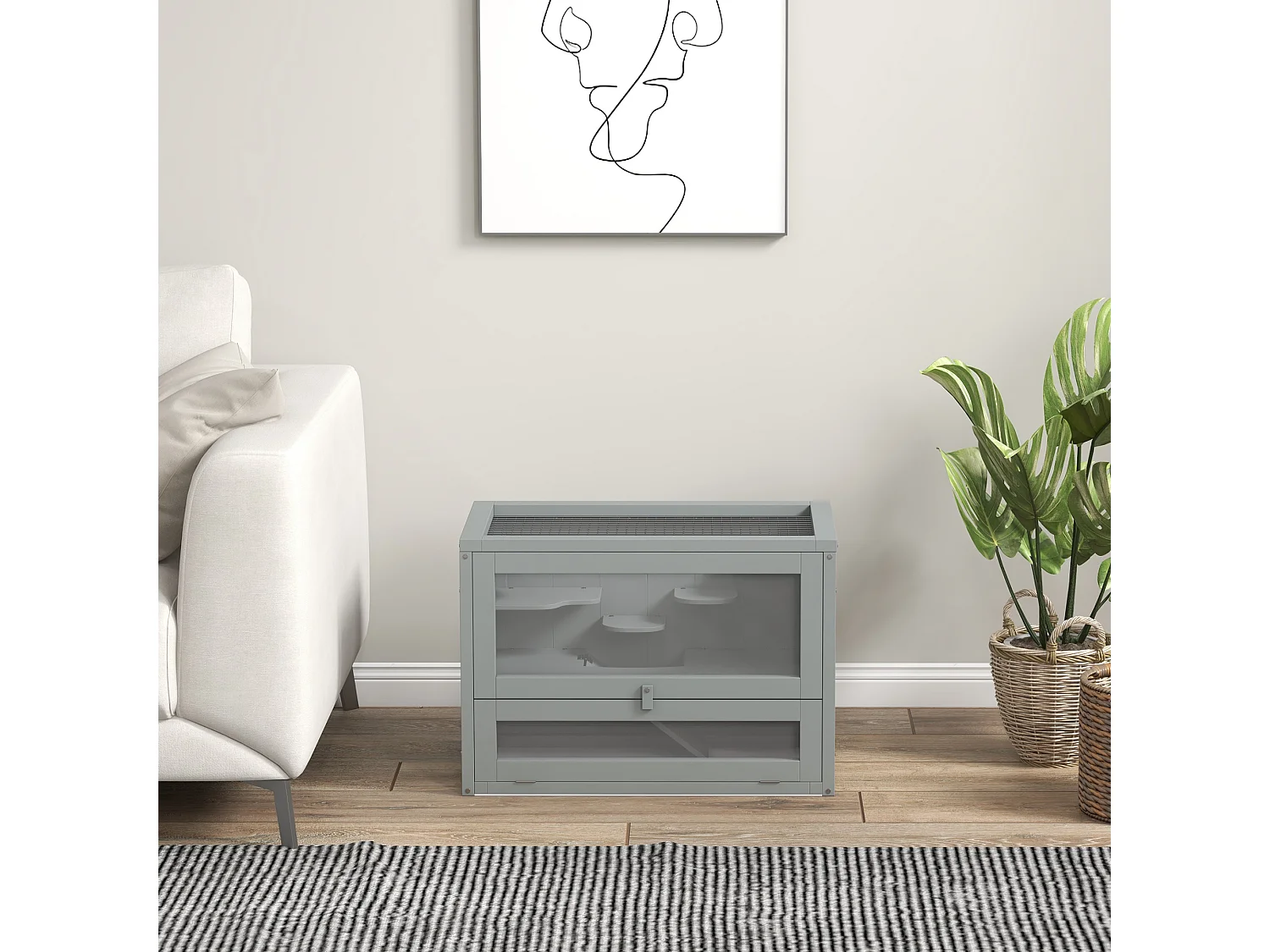 Cage pour hamsters souris petits rongeurs multi-équipements rampe plateformes toit ouvrant grillagé porte bois de sapin plexiglas gris