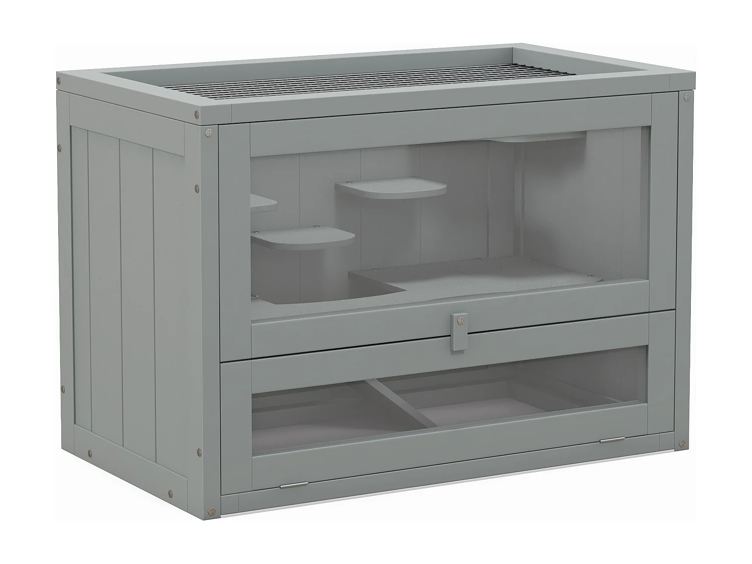 Cage pour hamsters souris petits rongeurs multi-équipements rampe plateformes toit ouvrant grillagé porte bois de sapin plexiglas gris