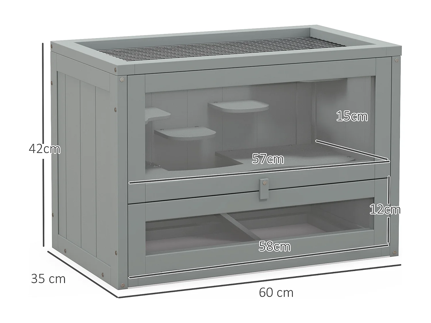 Cage pour hamsters souris petits rongeurs multi-équipements rampe plateformes toit ouvrant grillagé porte bois de sapin plexiglas gris
