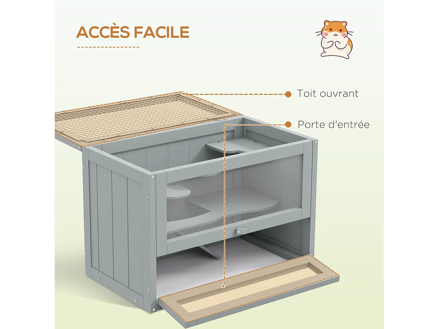 Cage pour hamsters souris petits rongeurs multi-équipements rampe plateformes toit ouvrant grillagé porte bois de sapin plexiglas gris