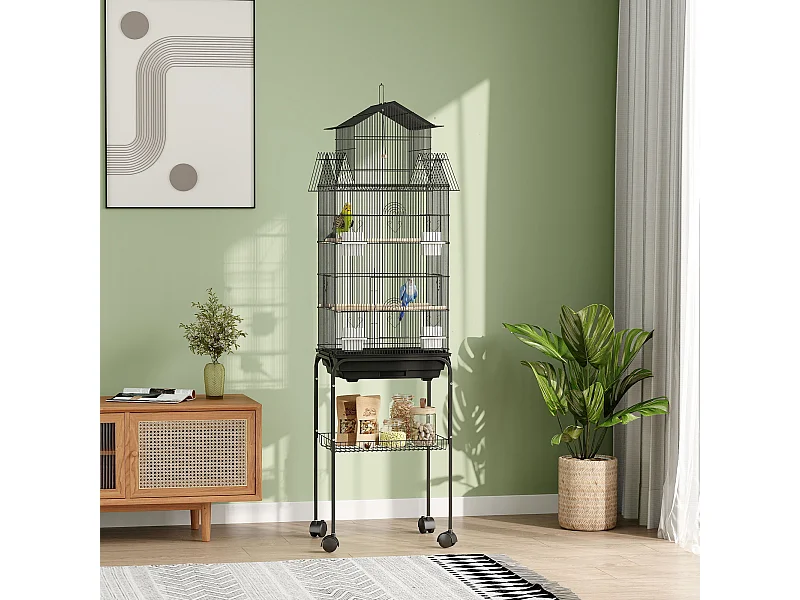 Cage à oiseaux design maison sur roulettes mangeoires perchoirs balançoire grande porte 8 trappes plateau déjection
