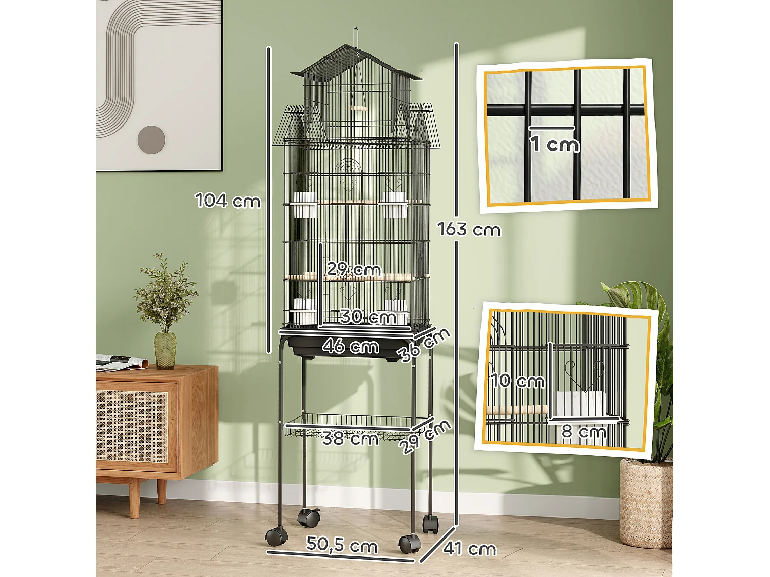 Cage à oiseaux design maison sur roulettes mangeoires perchoirs balançoire grande porte 8 trappes plateau déjection