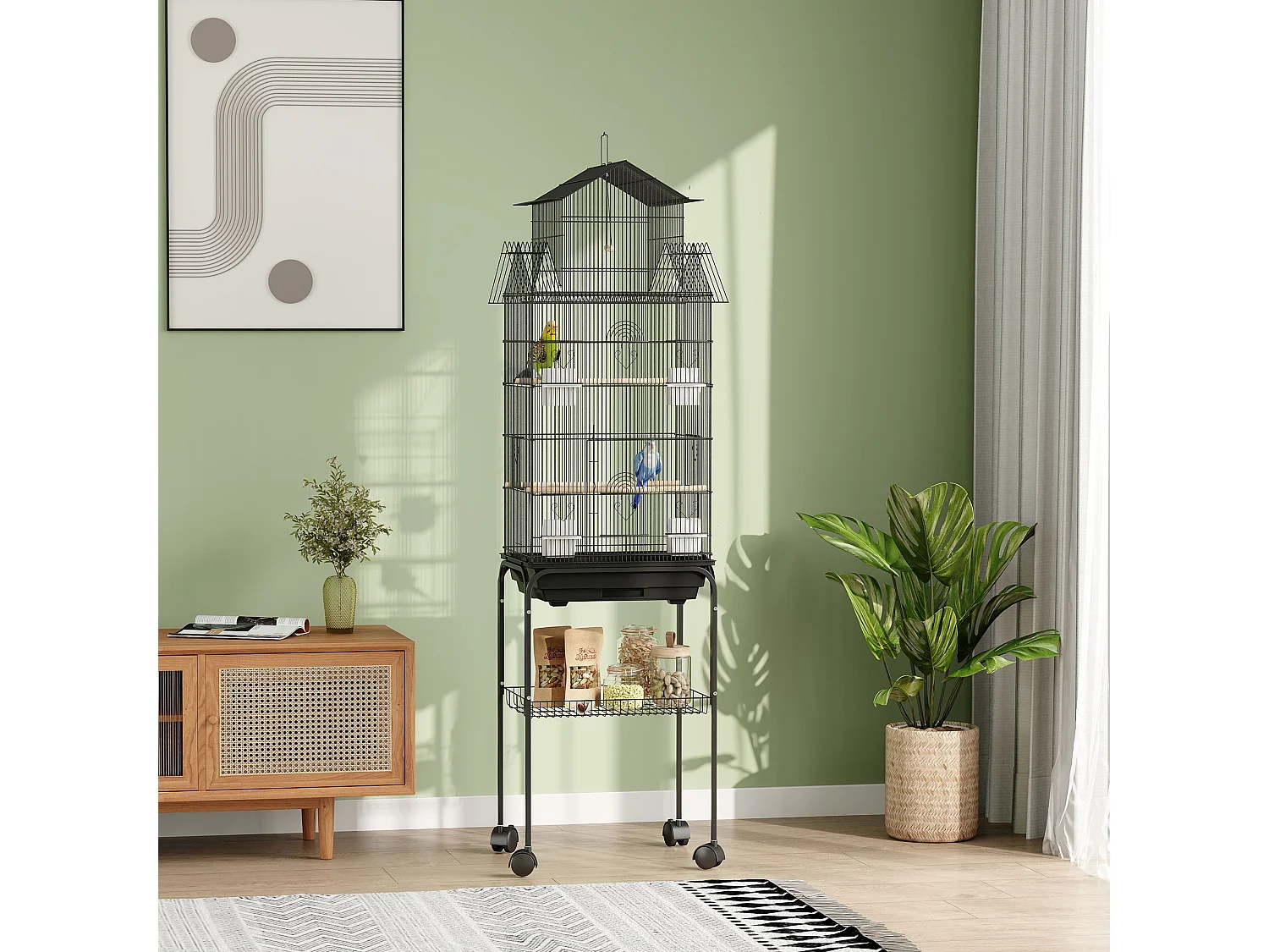 Cage à oiseaux design maison sur roulettes mangeoires perchoirs balançoire grande porte 8 trappes plateau déjection