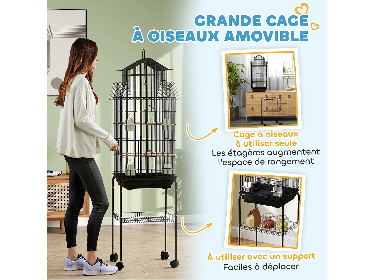 Cage à oiseaux design maison sur roulettes mangeoires perchoirs balançoire grande porte 8 trappes plateau déjection