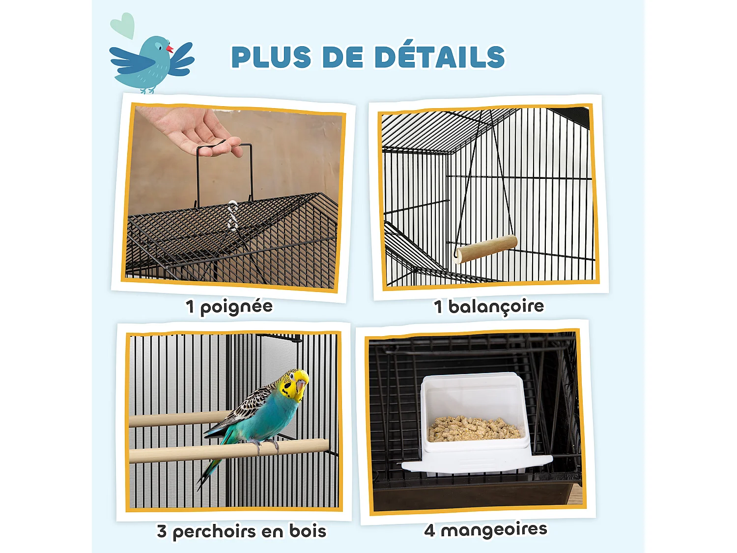 Cage à oiseaux design maison sur roulettes mangeoires perchoirs balançoire grande porte 8 trappes plateau déjection