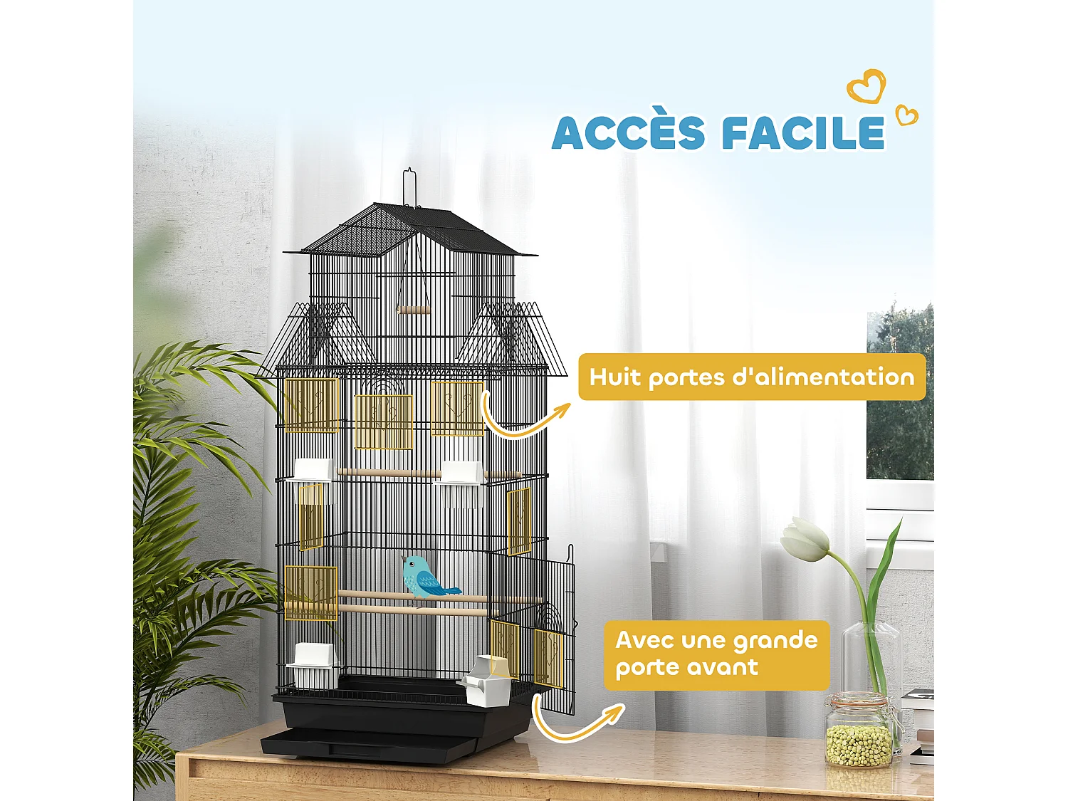 Cage à oiseaux design maison mangeoires perchoirs balançoire grande porte 8 trappes plateau déjection