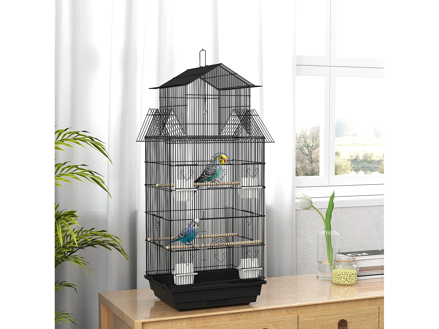 Cage à oiseaux design maison mangeoires perchoirs balançoire grande porte 8 trappes plateau déjection