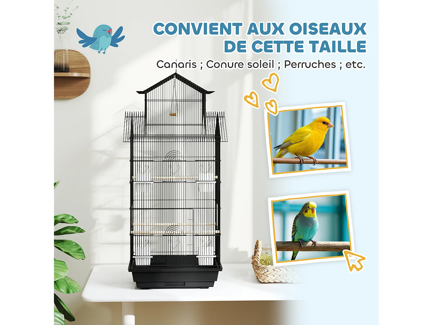 Cage à oiseaux design maison mangeoires perchoirs balançoire grande porte 8 trappes plateau déjection