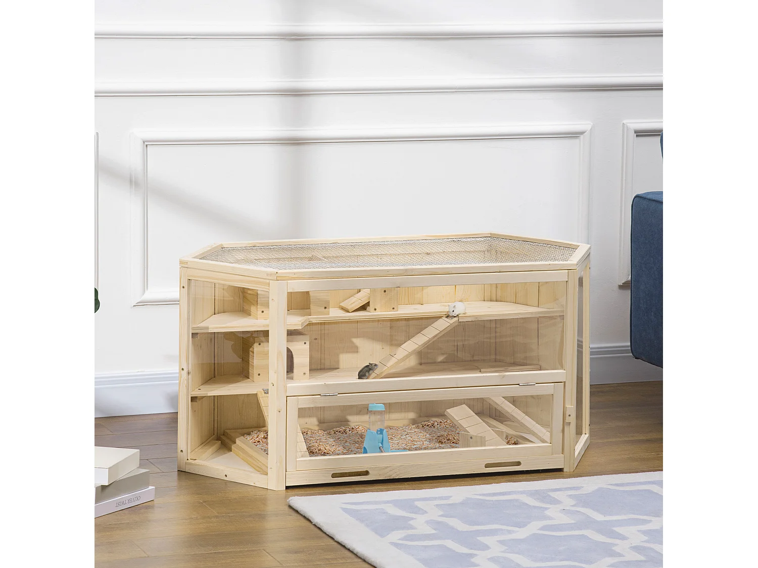 Cage pour hamster 2 étages dim. 115x60x55cm bascules biberon eau fenêtres cabanes toit ouvrable plateau déjection bois