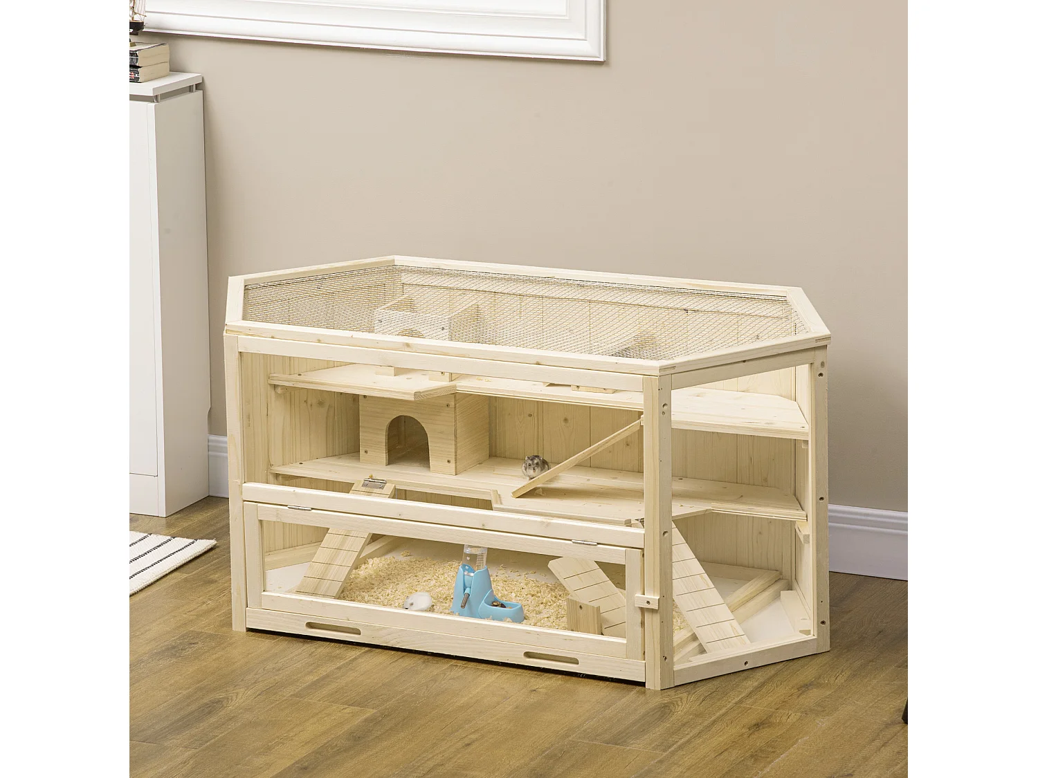 Cage pour hamster 2 étages dim. 115x60x55cm bascules biberon eau fenêtres cabanes toit ouvrable plateau déjection bois