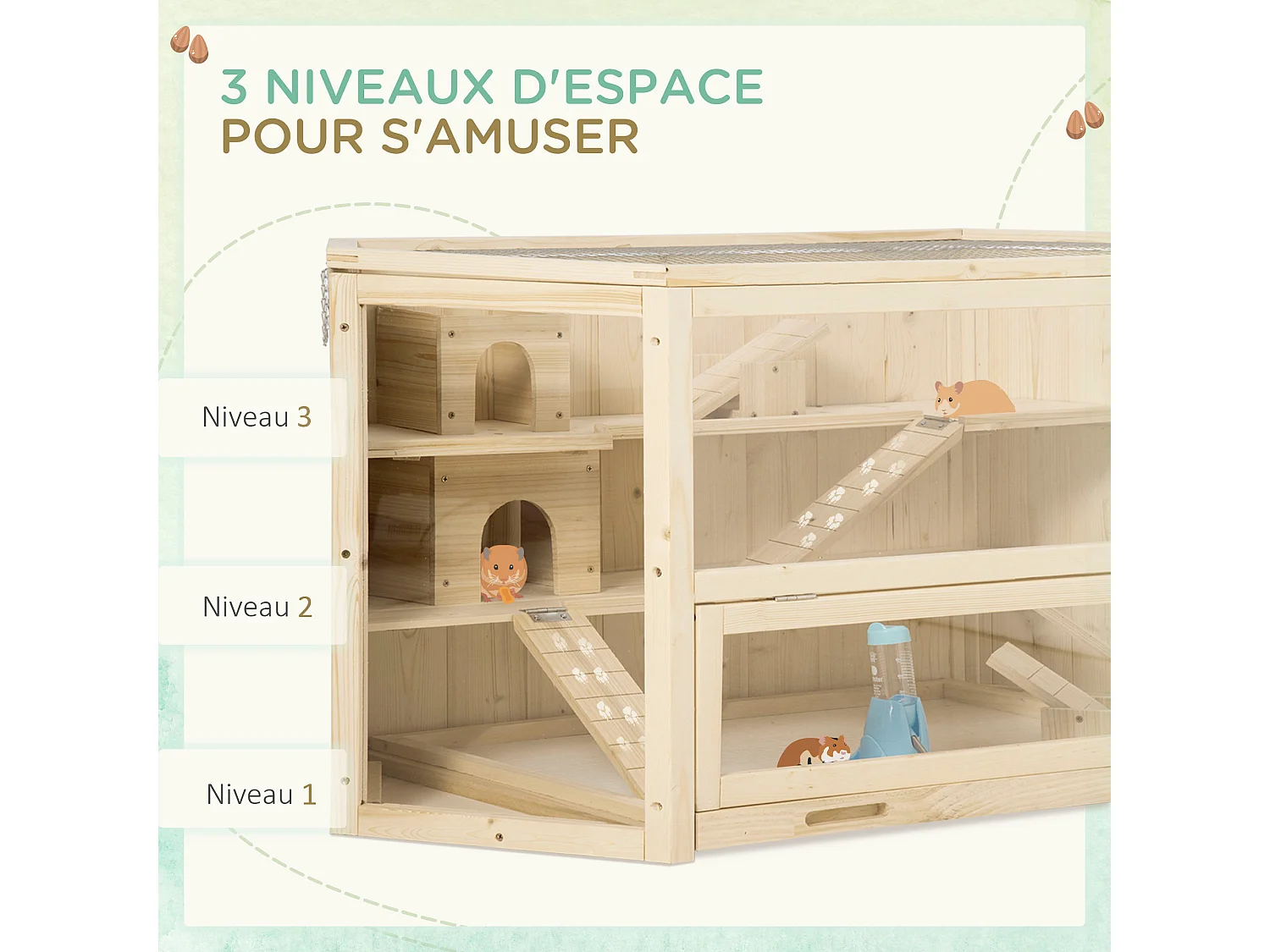 Cage pour hamster 2 étages dim. 115x60x55cm bascules biberon eau fenêtres cabanes toit ouvrable plateau déjection bois