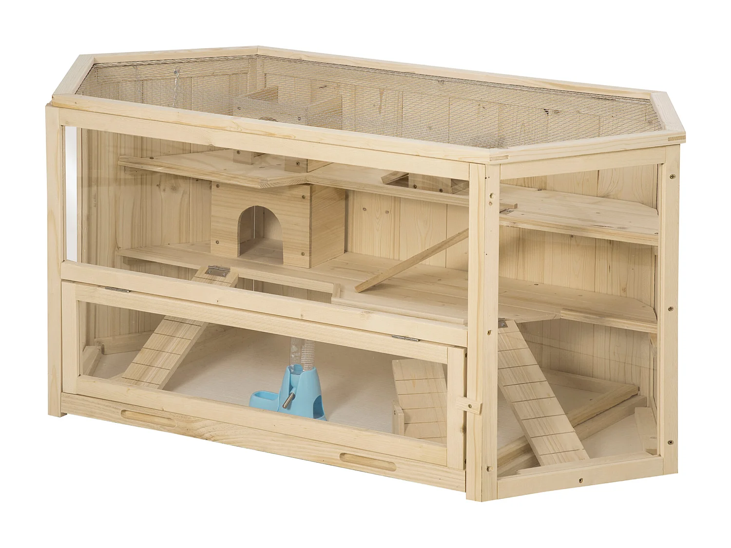 Cage pour hamster 2 étages dim. 115x60x55cm bascules biberon eau fenêtres cabanes toit ouvrable plateau déjection bois