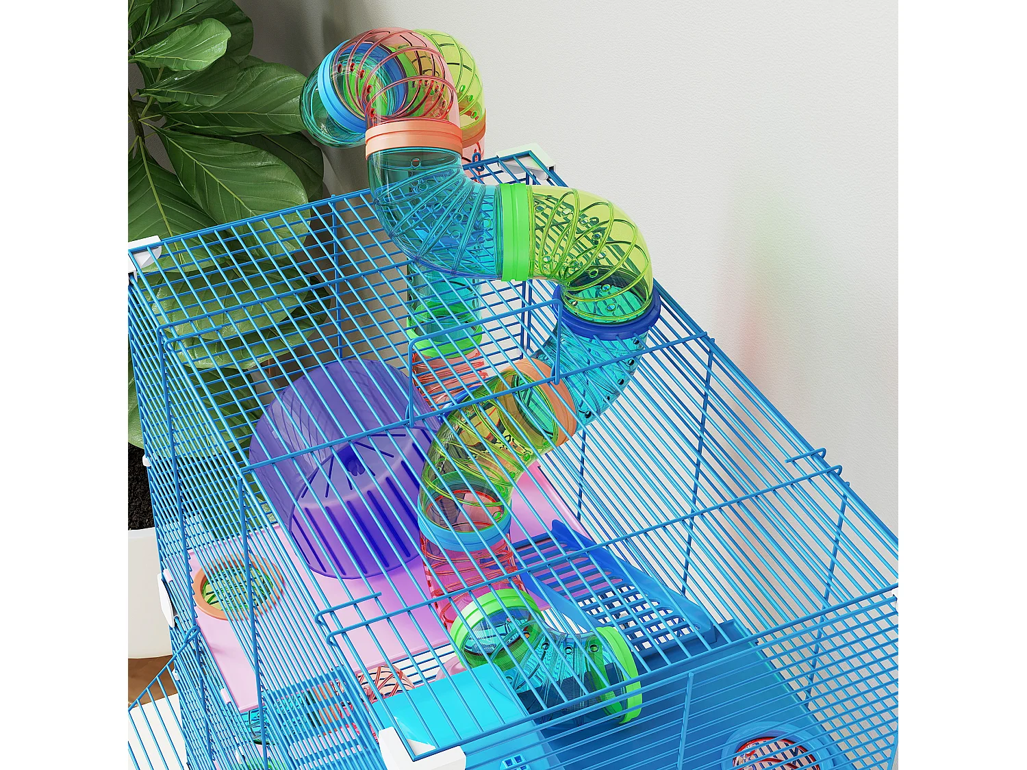 Cage pour hamster souris rongeur 4 étages avec tunnels mangeoire roue maison échelles dim. 46L x 30l x 58H cm bleu